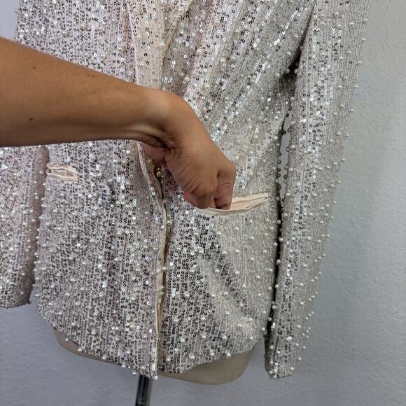 Mable Sequined Faux Pearl Beaded Champagne Blazer Lined Size S, shiny, party - Picture 3 of 9